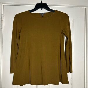 EILEEN FISHER Green Jersey Knit Top Shirt Blouse 3/4 Sleeve Scoop Neck -Size XS